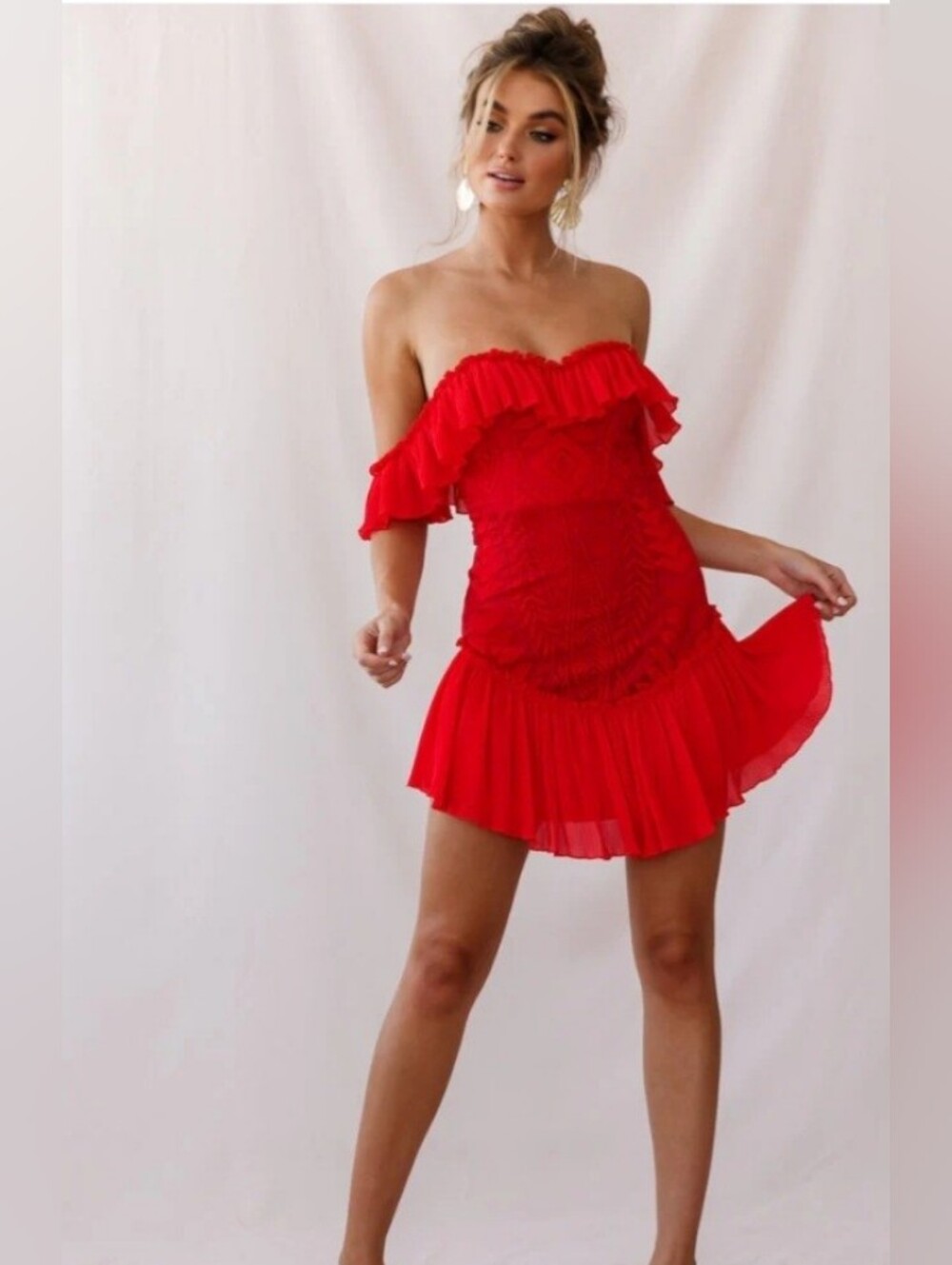 Selfie Leslie Off-Shoulder Red Ruffle Mini Dress